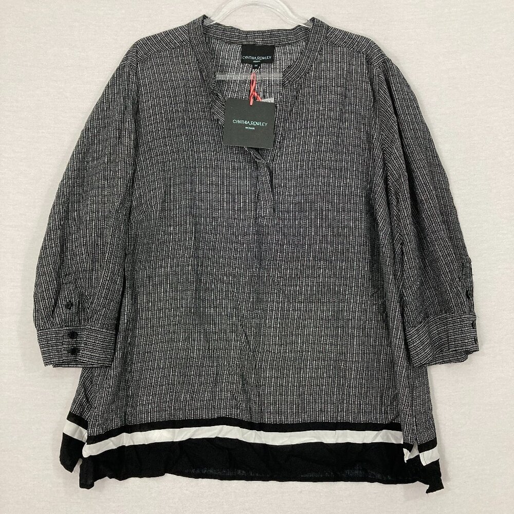 New Cynthia Rowley Black White 3/4 Sleeve Preppy Button Popover Blouse 2X Office